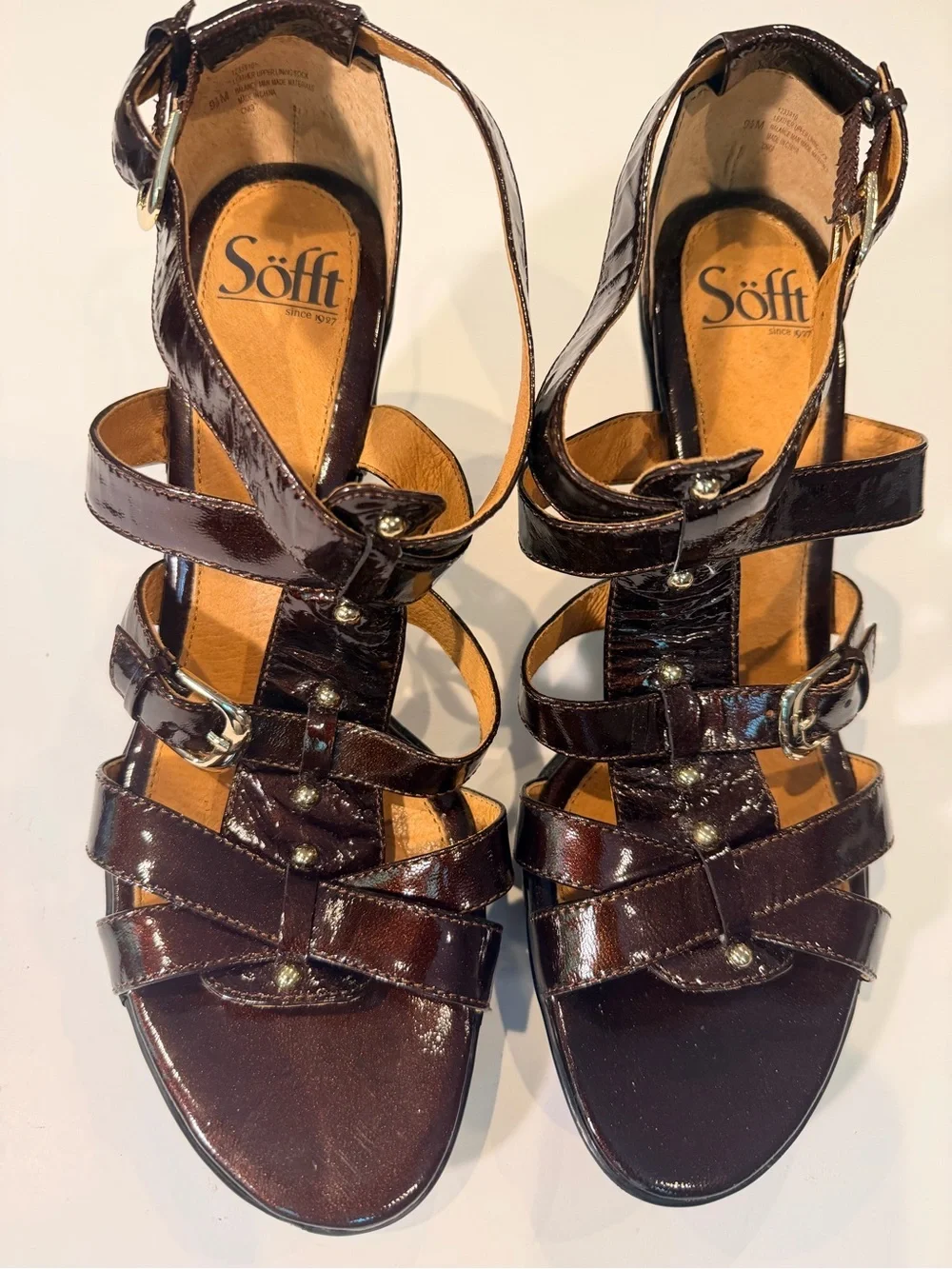 Women's Brown Strappy Patent Leather Sandals